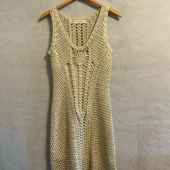 Zara knit crochet sleeveless beach resort wear mini femenine dress SZ M tan boho - Picture 1 of 10